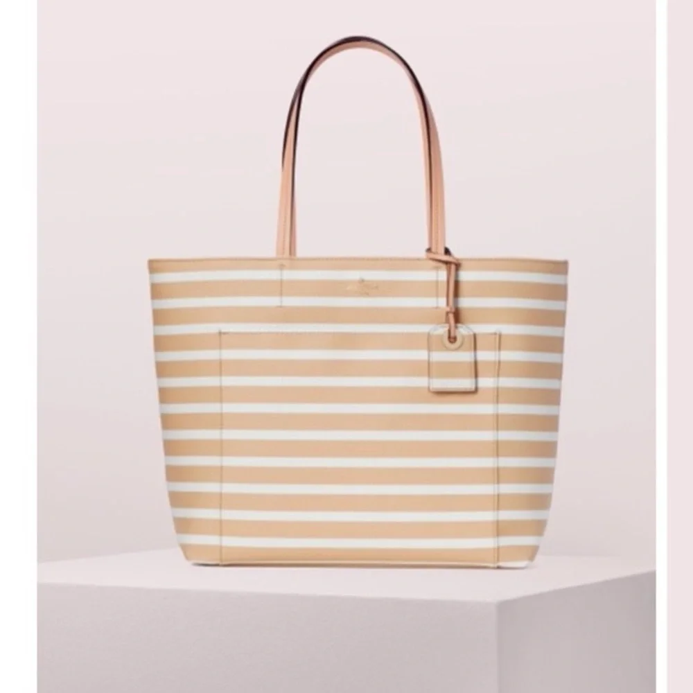 Kate Spade beige White Stripes Front Pocket Tote